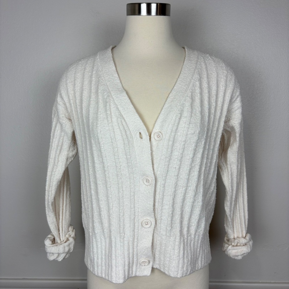 Margaret O'Leary Ivory Cardigan Size S Ribbed Knit V Neck Quiet Luxury Soft